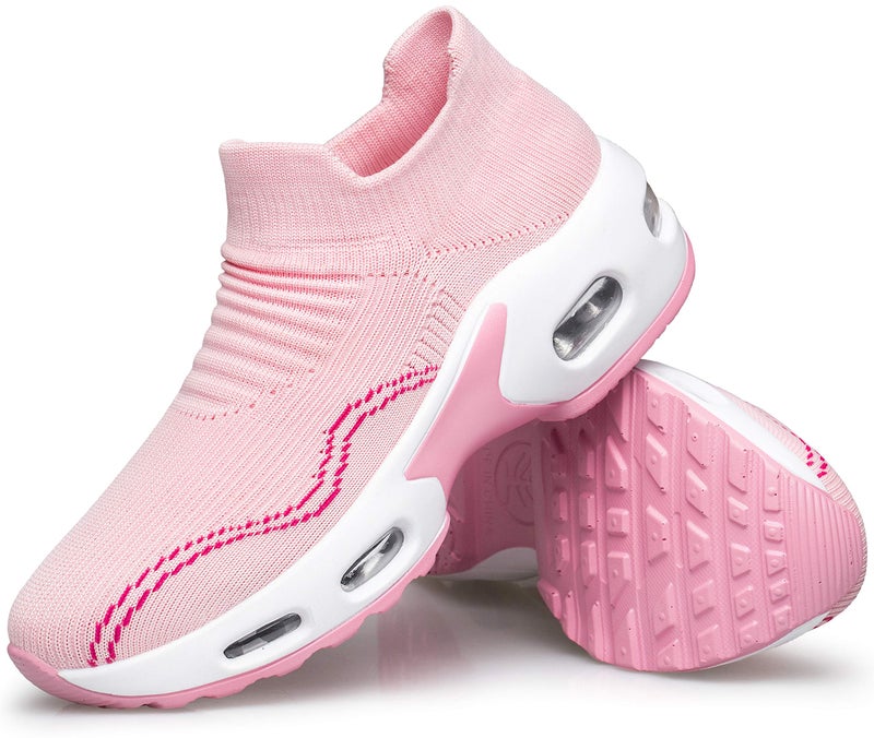 DOUSSPRT Womens Walking Shoes Slip on Sock Sneakers Lady Girls Nurse Mesh Air Cushion Platform Loafers Fashion Casual Confort Pink US Size 8 - Image 3